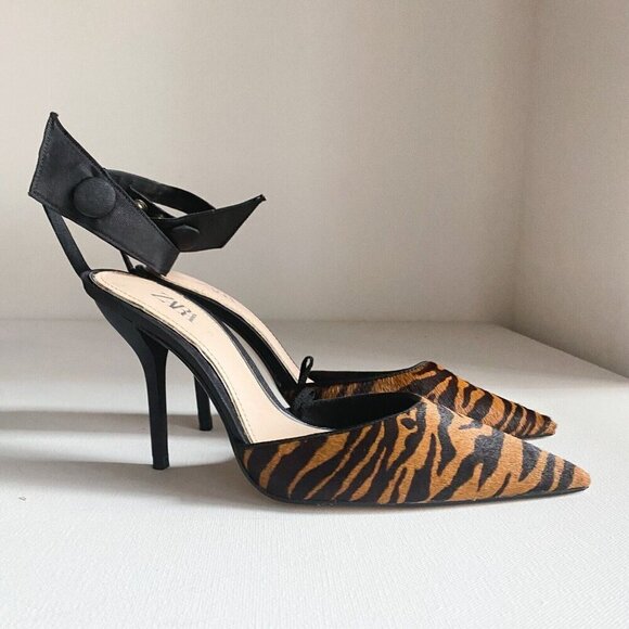 Zara Shoes - Zara Tiger Stripe Print Ankle Strap Pointy Toe Heels 37